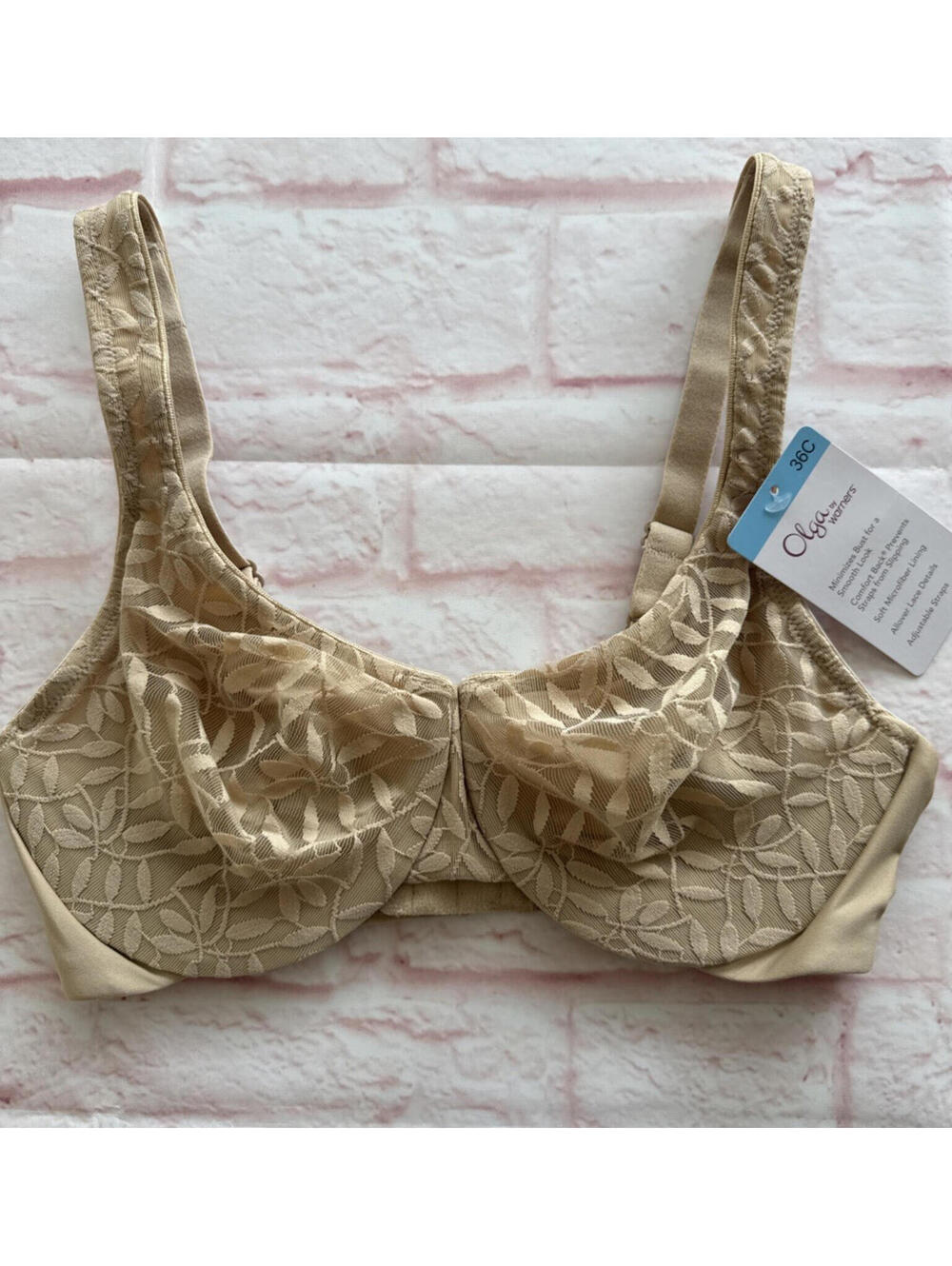 Olga by Warners Beige 36C Underwire Bra Comfort Back Microfiber Lined NWT